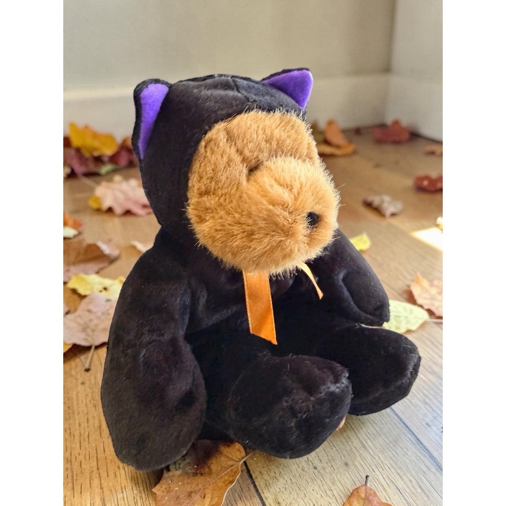 G.A.C. Black Bear Stuffed Animal Plush Small Halloween Orange Ribbon Purple Ears